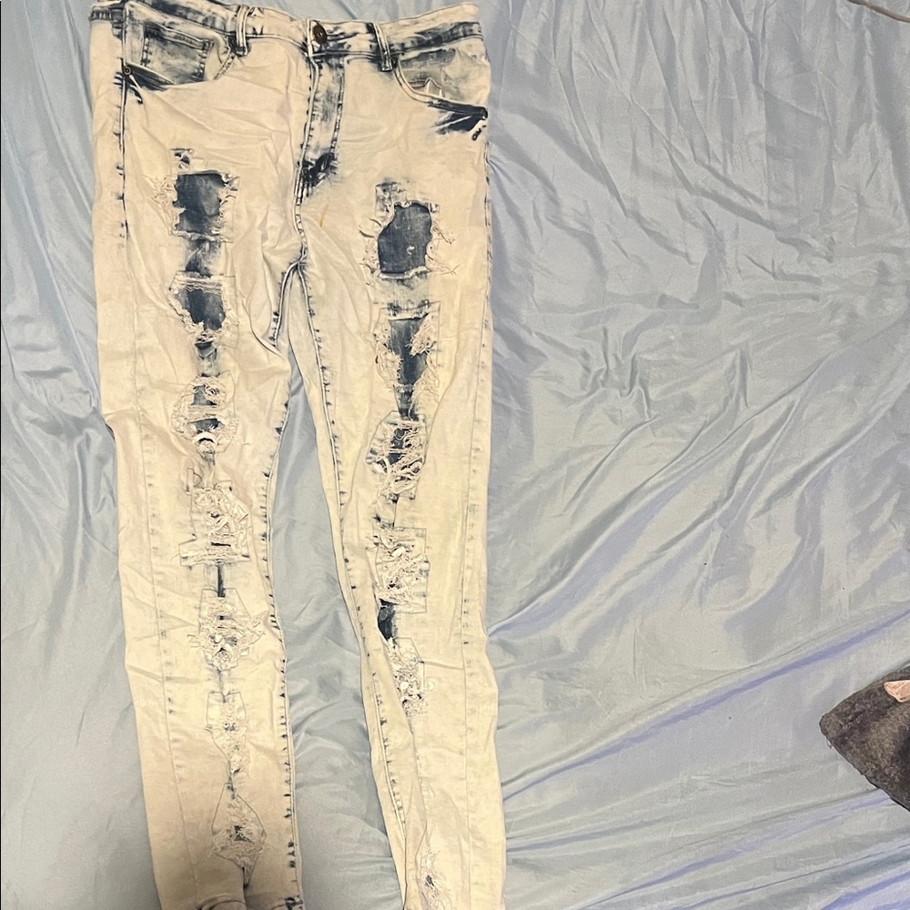 Men's Distressed Skinny Jeans - Cream and Black
